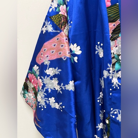 Women's Home Wear Polyester Bright Blue Mini Robe Peacocks Pink Flowers Size S - Picture 4 of 8